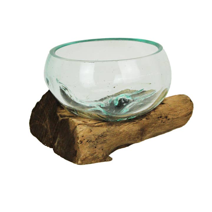 Zeckos - Wholesale Vase - Medium Wide Mouth Molten Glass on Teak Driftwood Decorative Sculptural Bowl, Vase, and Terrarium Planter - Approximately 5 Inches High7