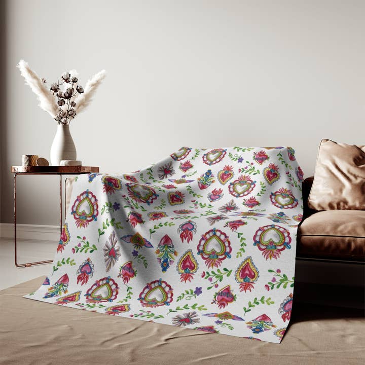 Milagritos Soft Blanket - Sacred Hearts Printed on Both Sides - 80x60” Inches. Latin blanket for wholesale by Ficus and Plants LLC