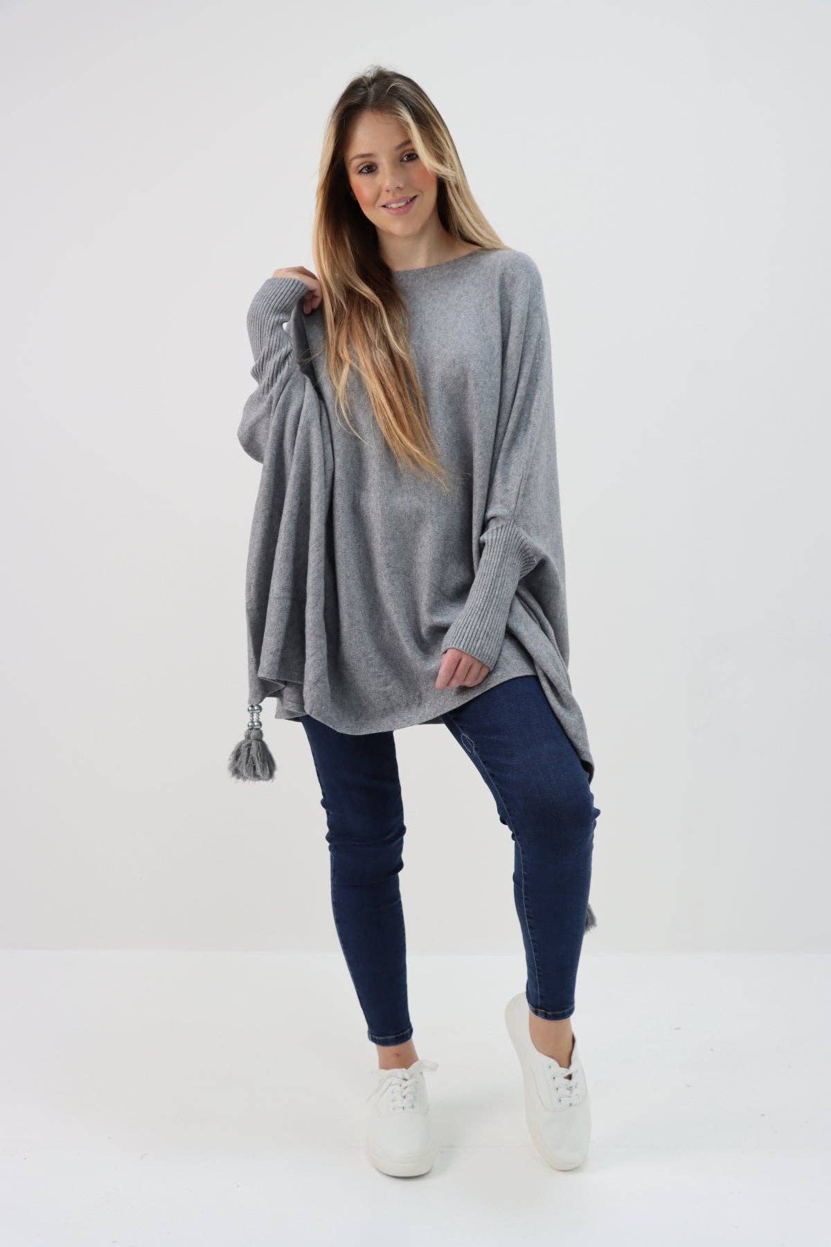 Miss Bold - Wholesale Poncho - Women's - Italian Plain Batwing Sleeves Tassels Tunic Poncho21