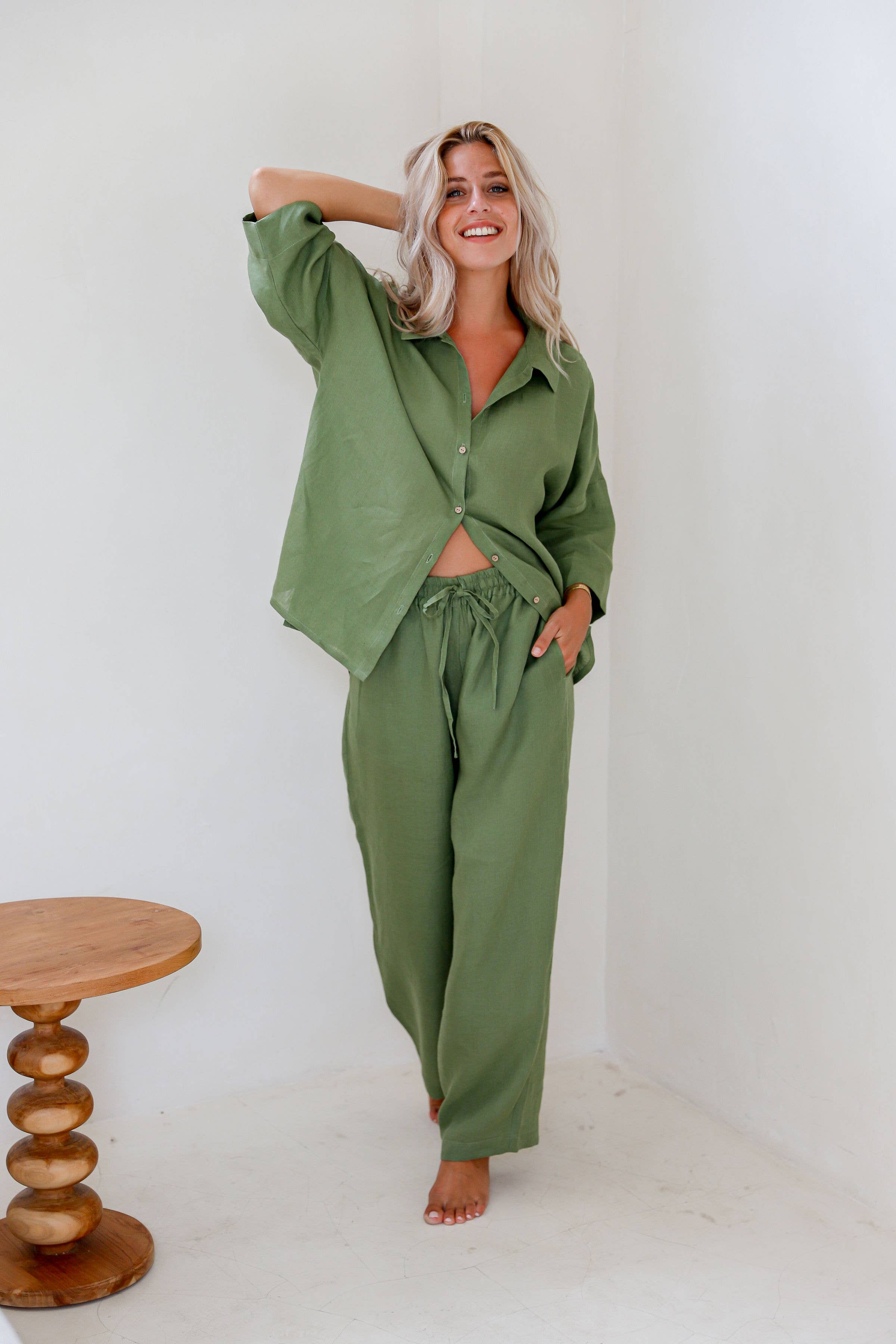 MagicLinen (We handle U.S. import procedures for you) - Wholesale Sleepwear Set - Women's - Linen womens pajama AVEIRA in Forest green2