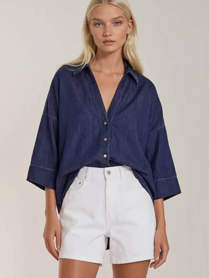 OVERSIZED DENIM SHIRTING W1514TIB DARK DENIM for wholesale by WISTERIA LANE