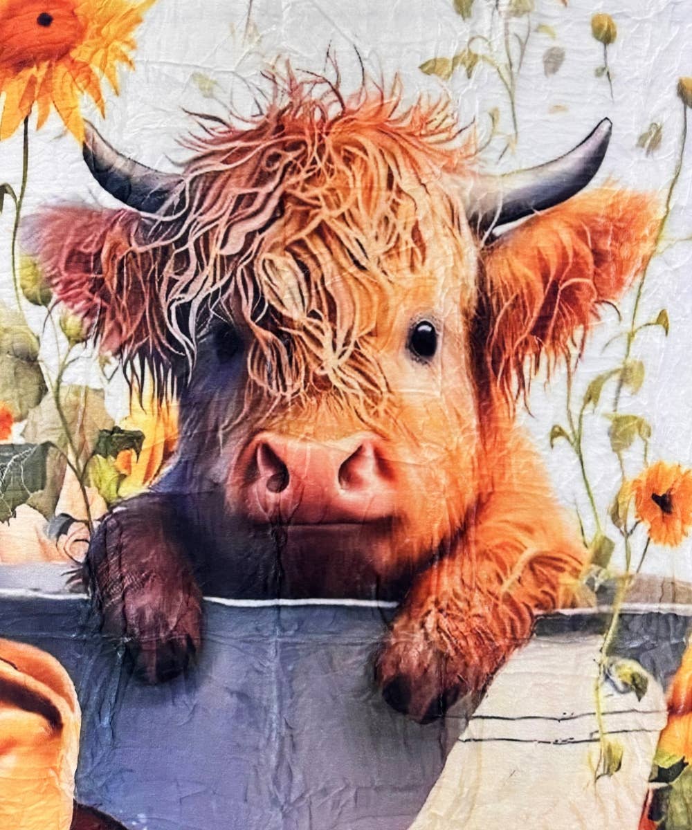 DESHENG ENTERPRISE – Manta para sofá por atacado – MANTA DE FLANELA OCIDENTAL COM GIRASSÓIS E VACAS HIGHLAND1