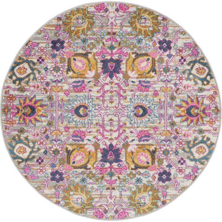 4' Gray Round Floral Power Loom Area Rug for wholesale by HomeRoots