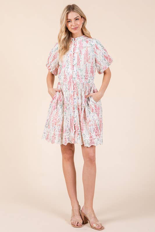 Pink Multi Floral Eyelet Lace Mini Shirt Dress, OD51255 for wholesale on Faire4