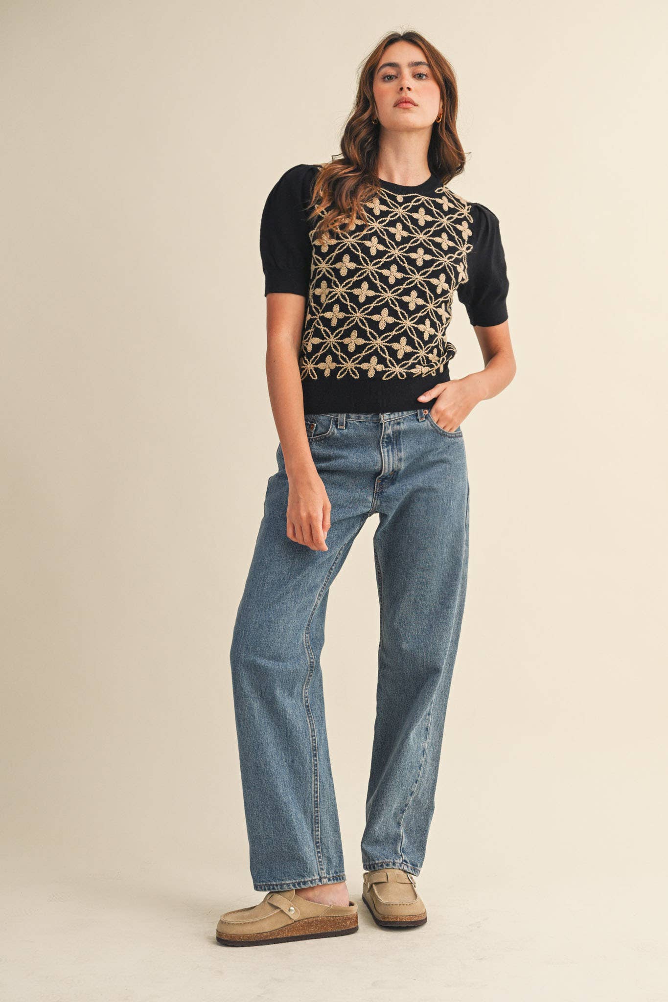 &MERCI - Wholesale Knit Sweater - Women's - SHORT PUFF SLEEVE EMBROIDERY FRONT SWEATER MSW108329