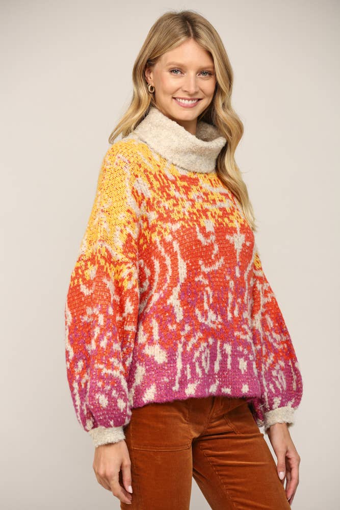 CREAM YELLOW ORANGE ABSTRACT PATTERN JACQUARD KNIT TURTLE NECK SWEATER FW9944 for wholesale on Faire3