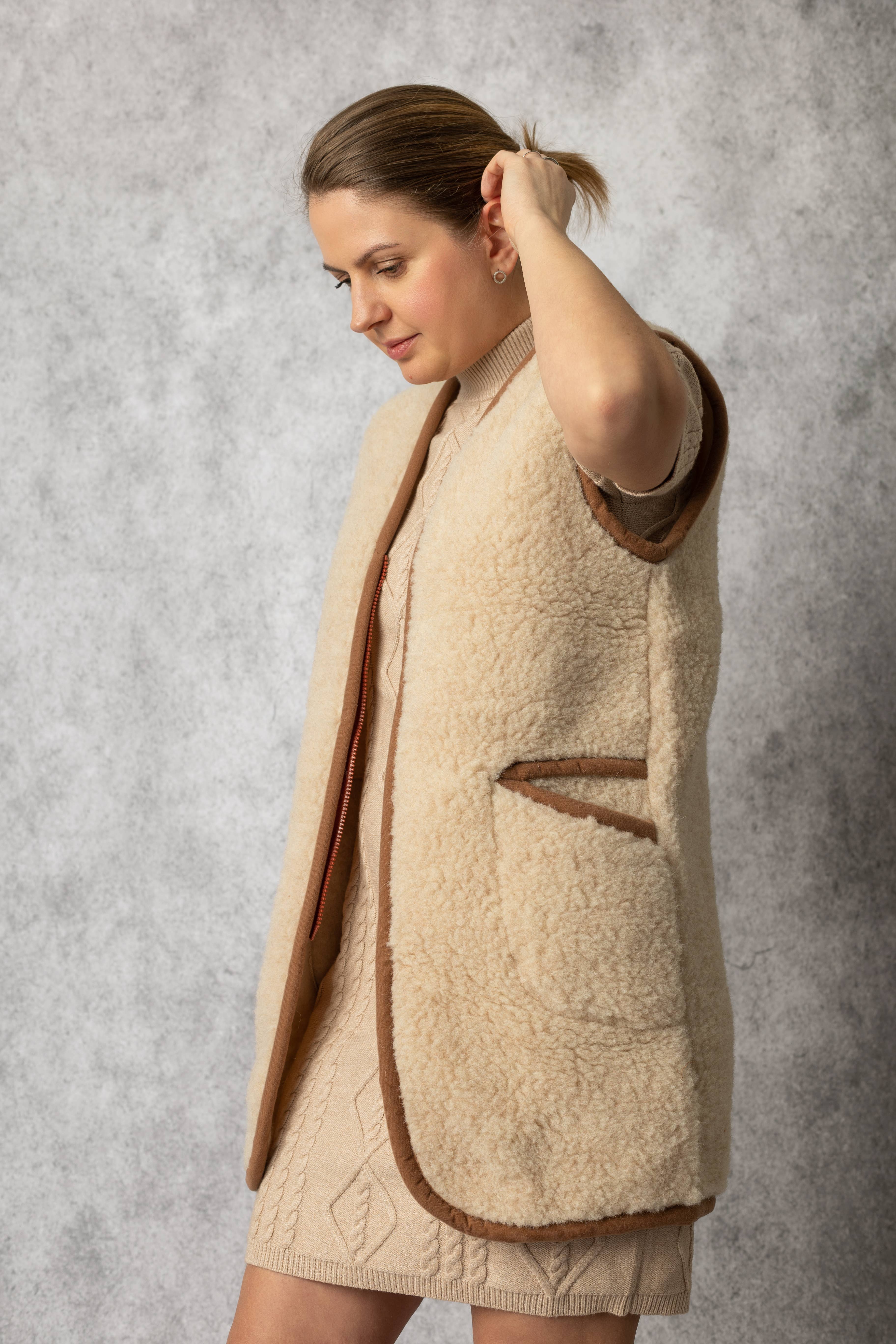 HomieeStudio – wholesale Outerwear Vest - Women’s – Long Beige Wool Gilet1