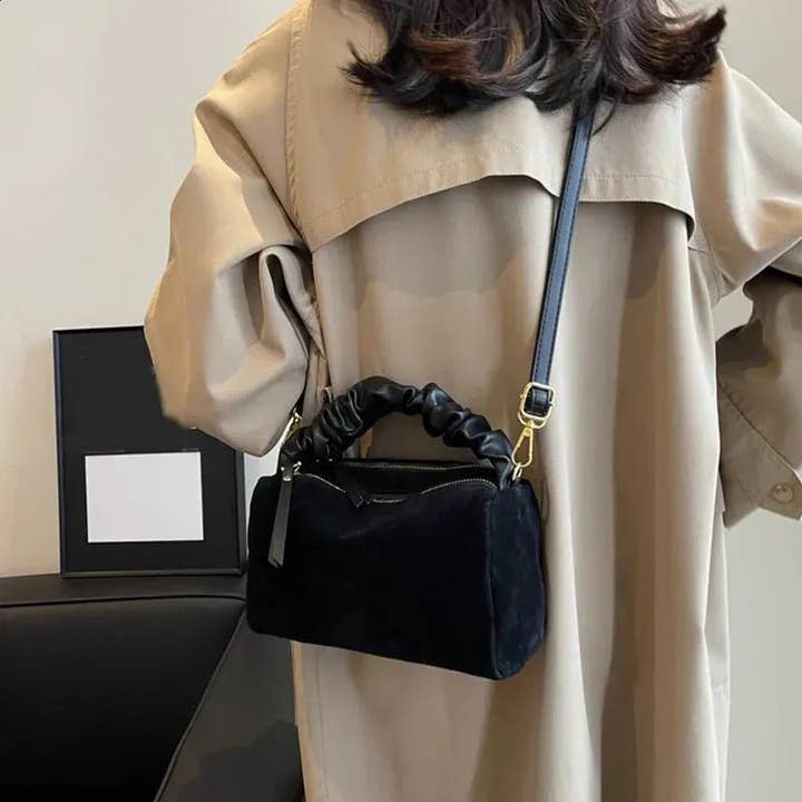 MiMi Wholesale - Wholesale Top Handle Bag - Women's - GMS0095 Faux Suede Ruched Handle Crossbody/Satchel Bag5