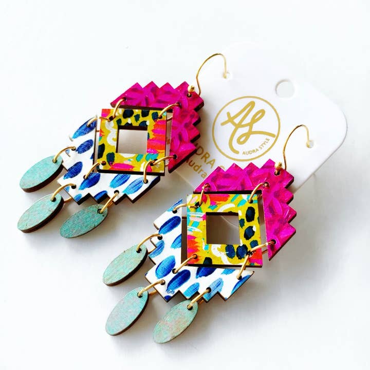 Naomi - Pink Blue Polka Dot Floral Print Pattern Mix Statement Earring for wholesale by Audra Style