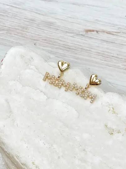 'Mom' Pearl Heart Dangle Earrings for wholesale by Prep Obsessed Wholesale
