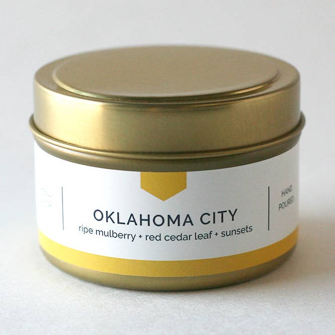 OKLAHOMA CITY Travel Tin Soy Candle - Ripe Mulberry and Red Cedar Leaf, Hand-Poured (4 oz) for wholesale by Vacant Wheel