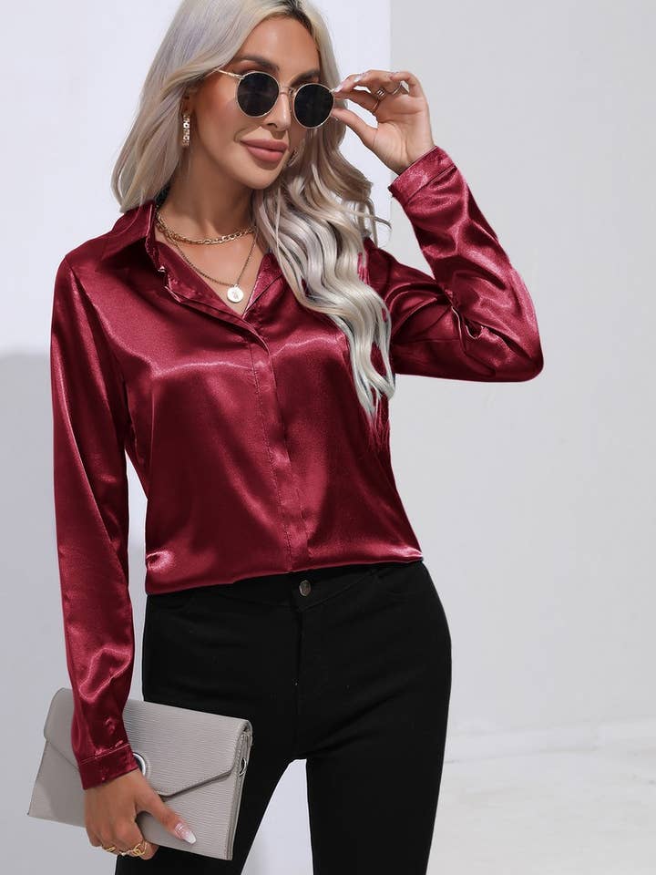 NINEXIS - Wholesale Button Down Shirt - Women's - CWTBLL0692_Button Down Silky Satin Long Sleeve Top11