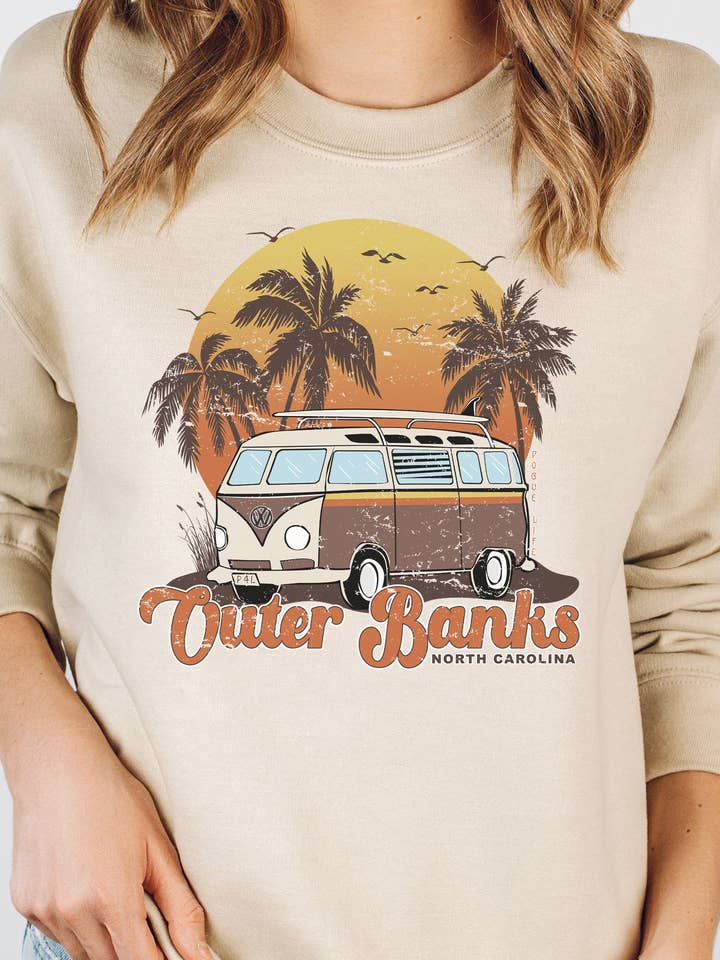 Lucky Llama Creations - Wholesale Graphic Sweatshirt - Women's - OBX Outer Banks Van Sunset // TV & MOVIE Long Sleeve0
