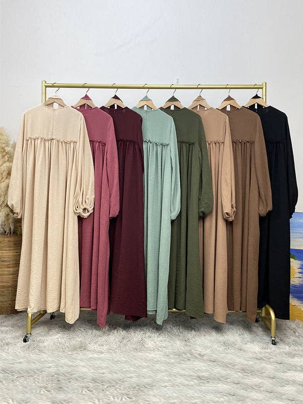 StyleGalX - Wholesale Jurk - Dames - Elasticiteit met lange mouwen en bisschopmouwen, geplooide, effen kleur, gespleten taille, ronde hals, maxi-jurken13
