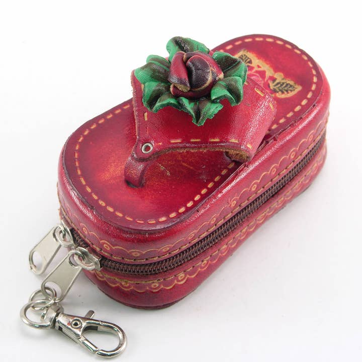 Handmade Leather Sandal Coin Purse with Lipstick Mirror for wholesale by Sunflower Handmade leather inc