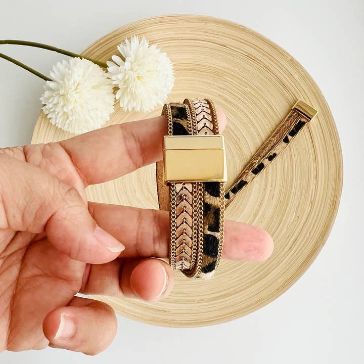 Tiny Gift Society - Wholesale Woven/Braided Bracelet - Gold Leopard Strap Bracelet | Magnetic Clasp | Boho Jewelry3