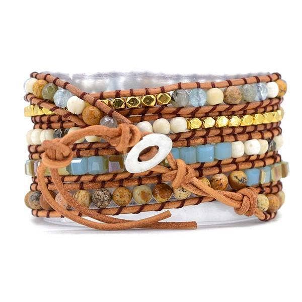 Free Spirit Shop - Venta al por mayor Pulsera de cuentas - Brazalete cruzado de piel de jaspe marino dorado, pulsera con cuentas bohemio1