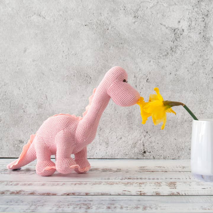 Best Years Ltd - Wholesale Handheld Rattle - Baby - Knitted Organic Cotton Pink Diplodocus Dinosaur Baby Rattle