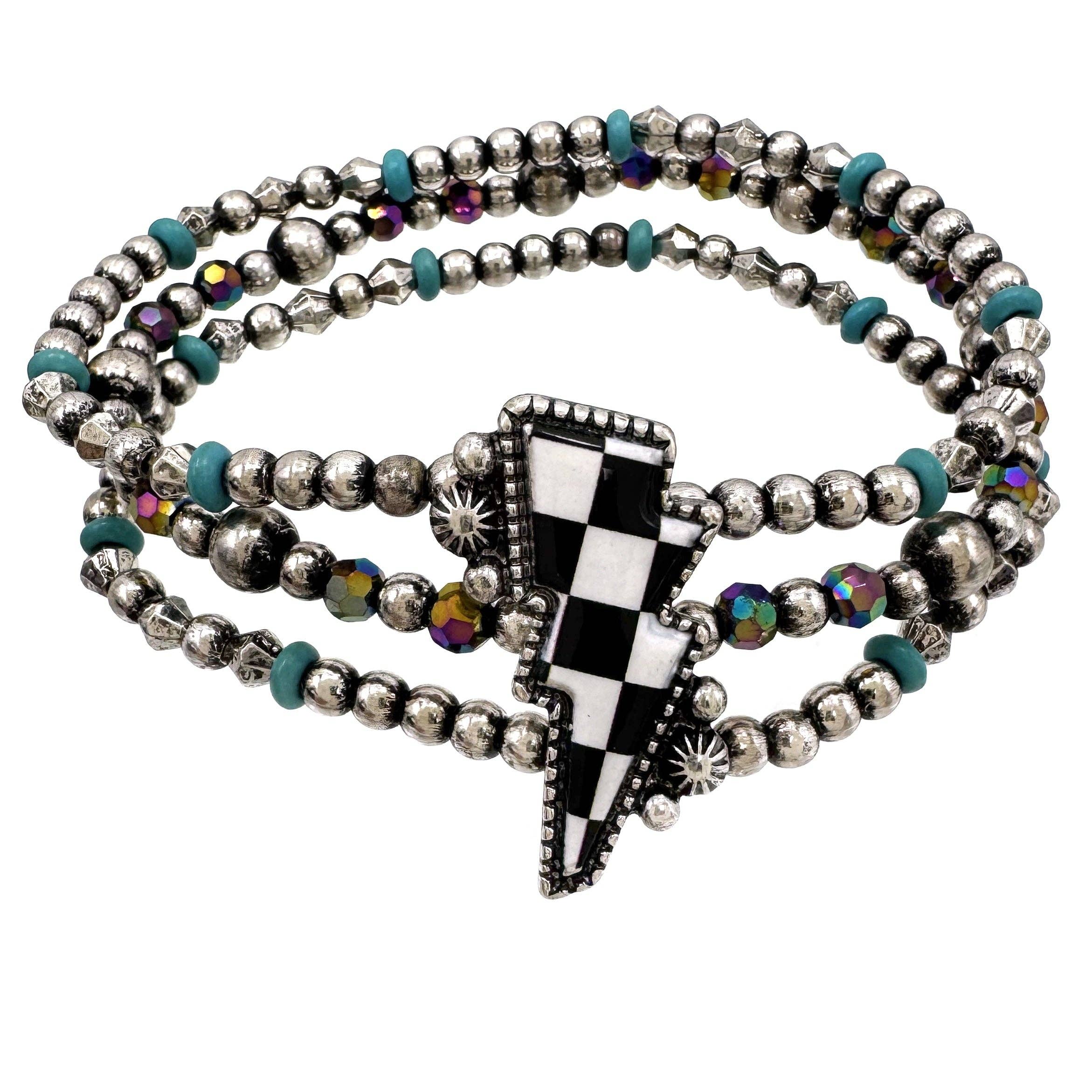 Black Checkered Print Western Lightning Bolt Bead Bracelet for wholesale on Faire0