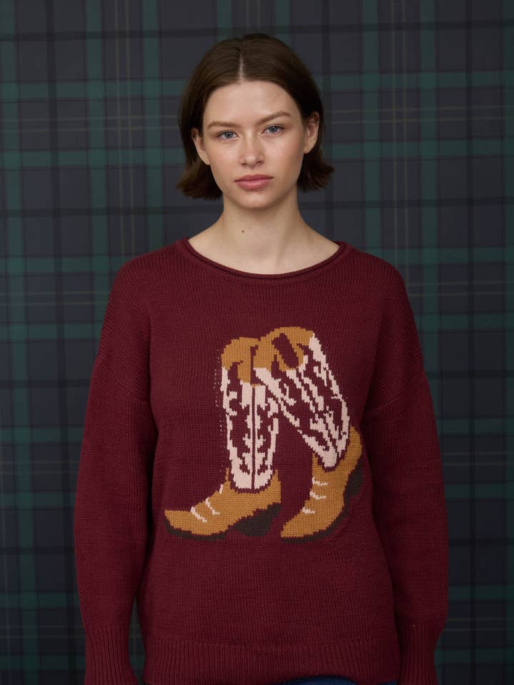 Blu Pepper - Wholesale Knit Sweater - Women's - WESTERN BOOT JACQUARD LONG SLEEVE KNIT SWEATER 17