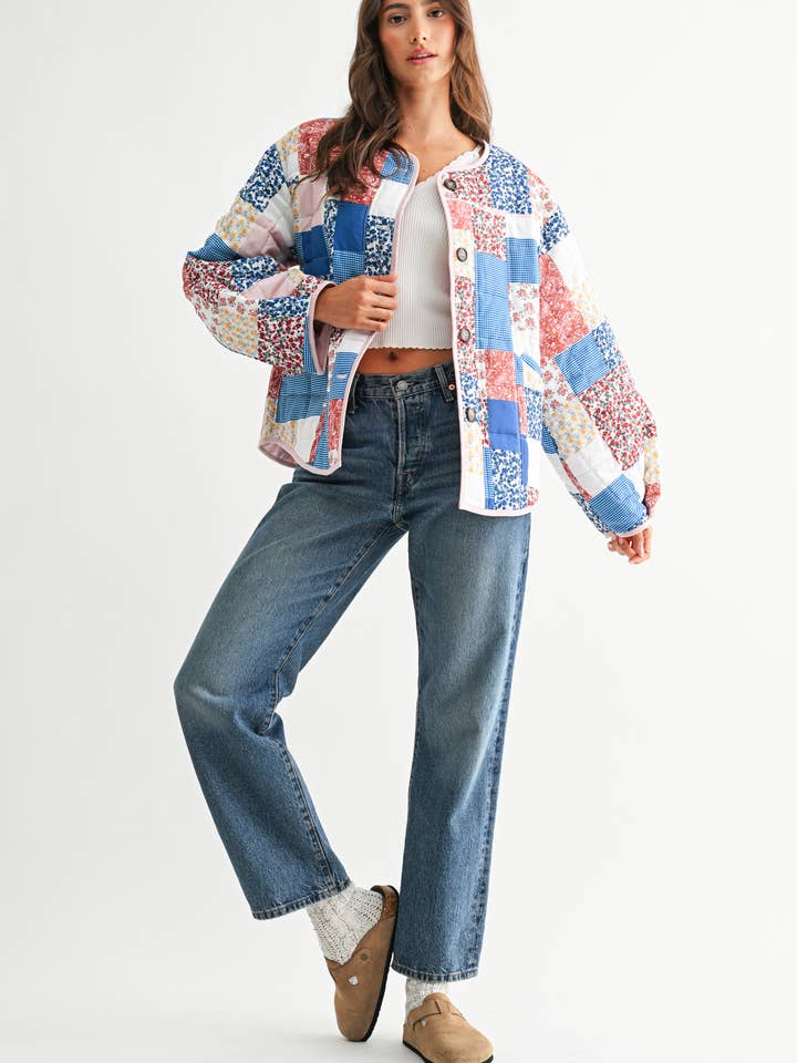 BLUE MULTI CJJ26871 PATCHWORK BLISS QUILTED JACKET for wholesale on Faire2