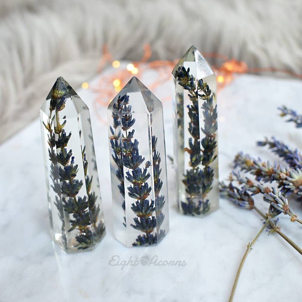 Eight Acorns Floral Preservation - Wholesale Decorative Tabletop Object - Floral crystals, obelisk tower natural décor, Lavender