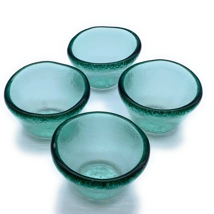 TUART GLASSWARE - Vendita all'ingrosso Ciotola per condimenti/salse - Mini ciotole in vetro. Ciotole da immersione. Ciotole per salsa. Ciotole in vetro riciclato fatte a mano. Blu trasparente. Verde trasparente. Set da 4 pezzi6