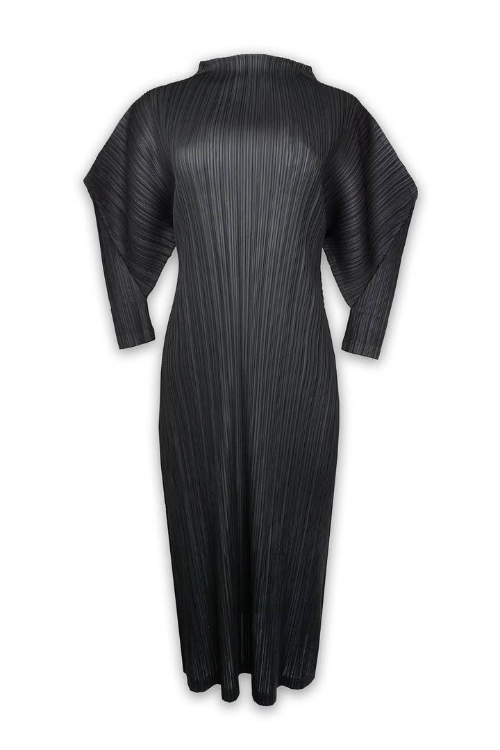 Black Hera Plissé Satin Sculpture Dress for wholesale on Faire0