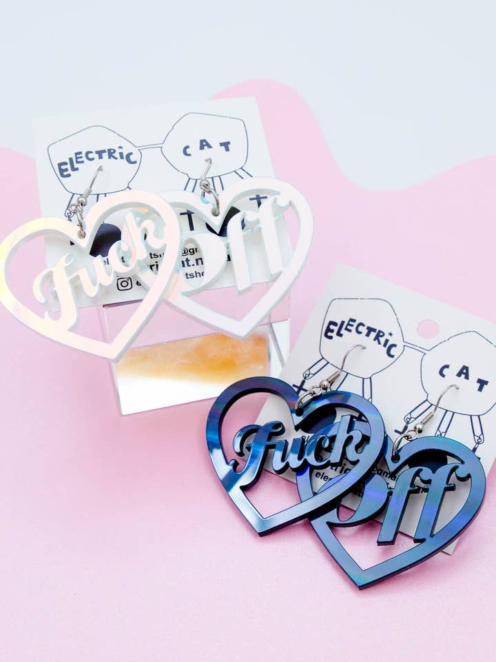 Fuck Off Earrings – Iridescent Acrylic Dangles for wholesale by Electric Cat