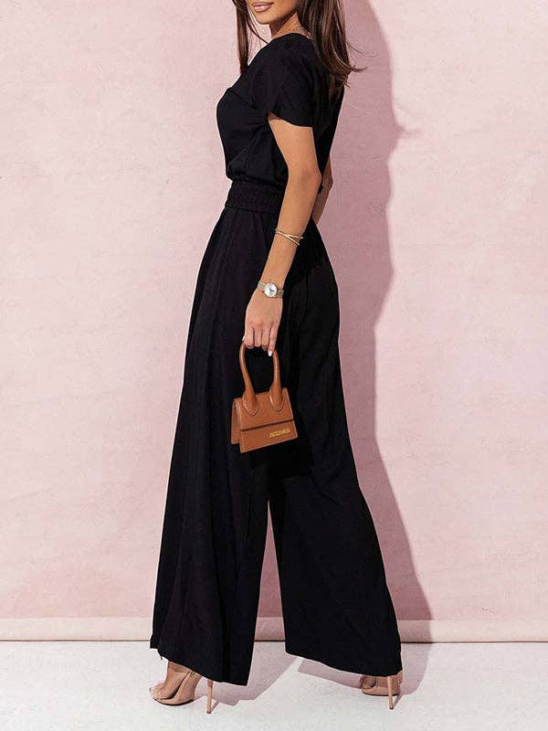 Sheer Trend - Wholesale Jumpsuit - Women's - High Waisted Loose Belted Pleated V-Neck Jumpsuits5