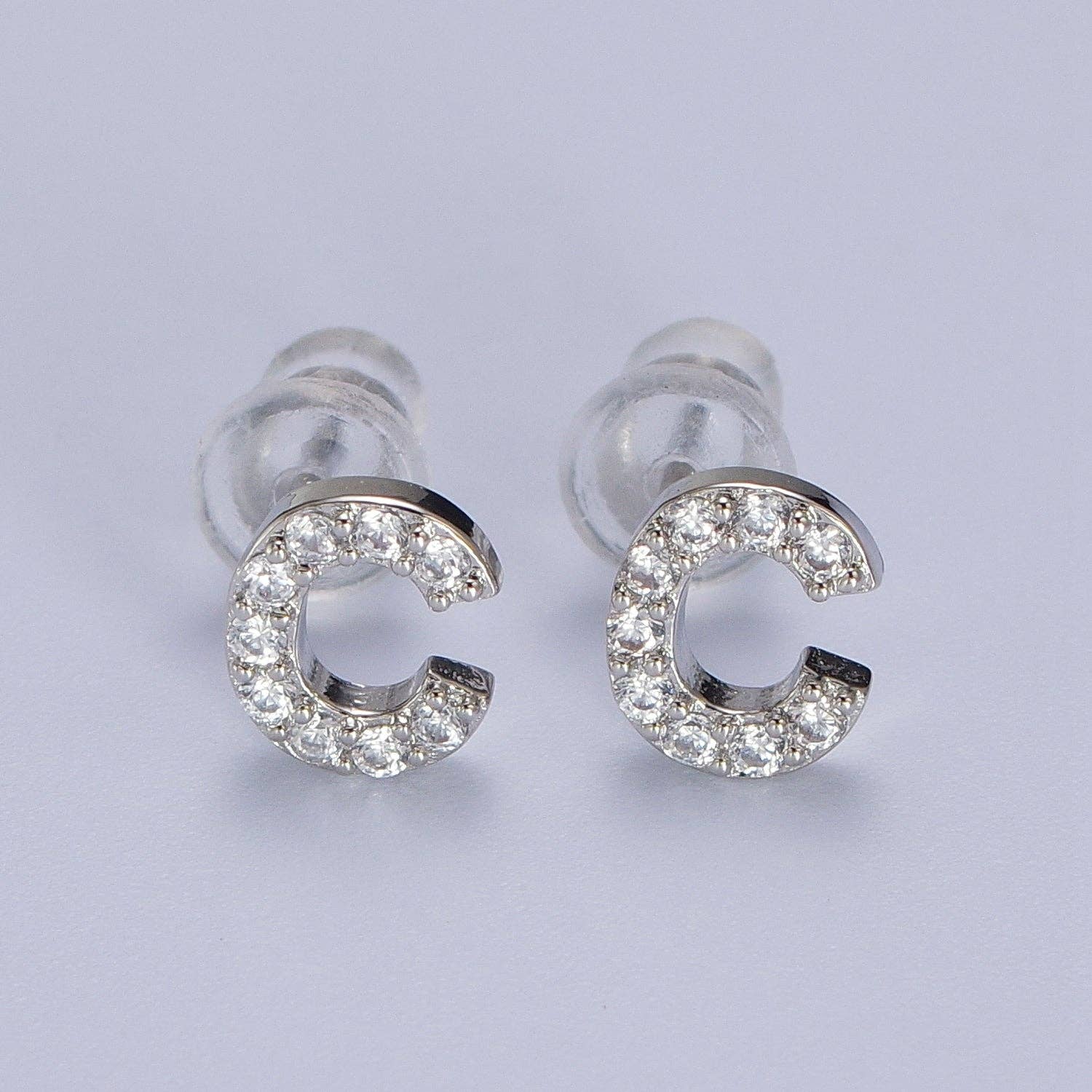 Aim Eternal - Wholesale Stud/Post Earrings - White Gold Filled Tiny Initial Letter Diamond CZ Silver Stud2