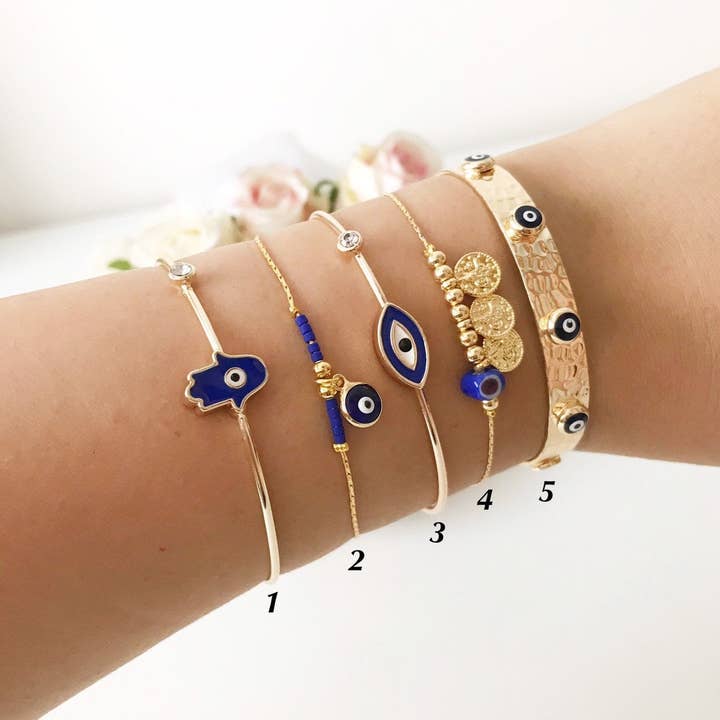 Evileyefavor - Venta al por mayor Brazalete - Pulsera de mal de ojo dorado, Cuenta de mal de ojo azul, Pulsera brazalete2