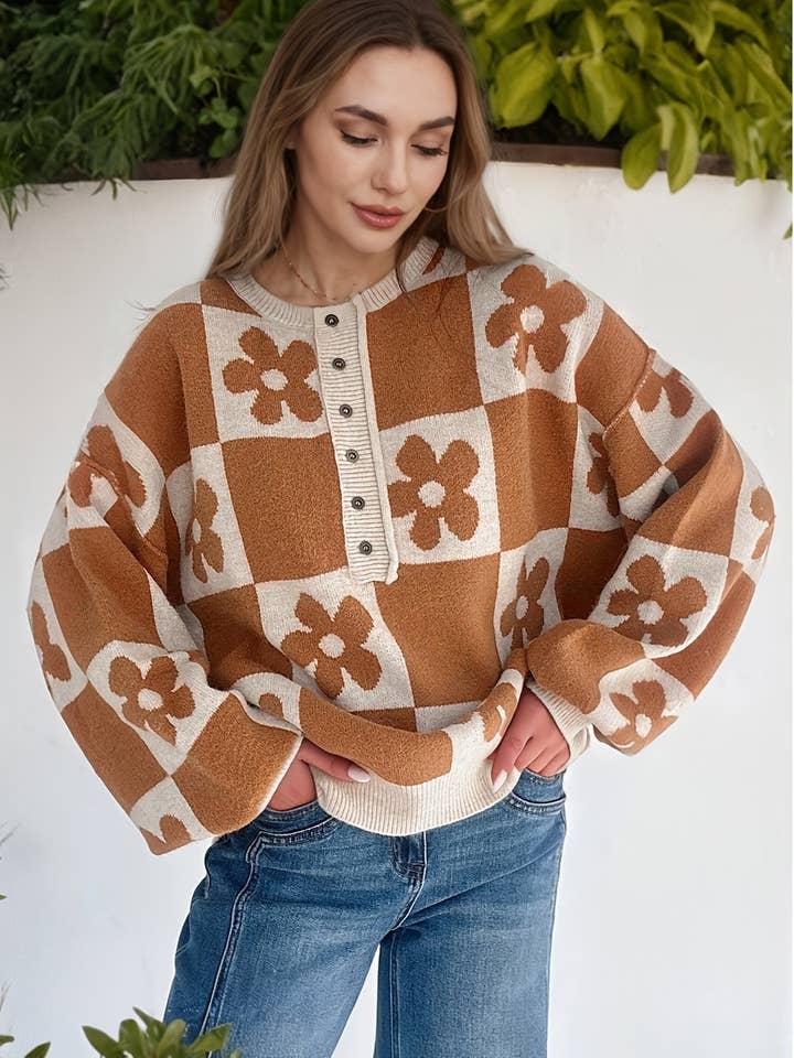 PartyEight - Wholesale Knit Sweater - Women's - Flower Plaid Henley Baggy Sweater11