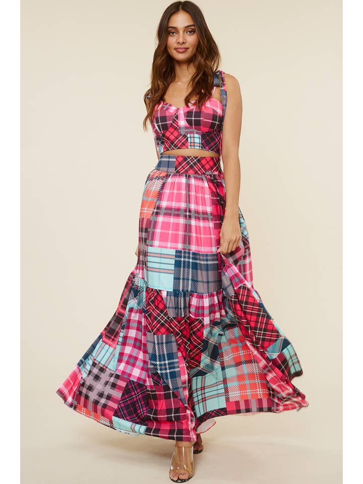 QMP Moda - Wholesale Top & Skirt Set - Women's - PATTERN BLOCKED PLAID PRINTED SET1