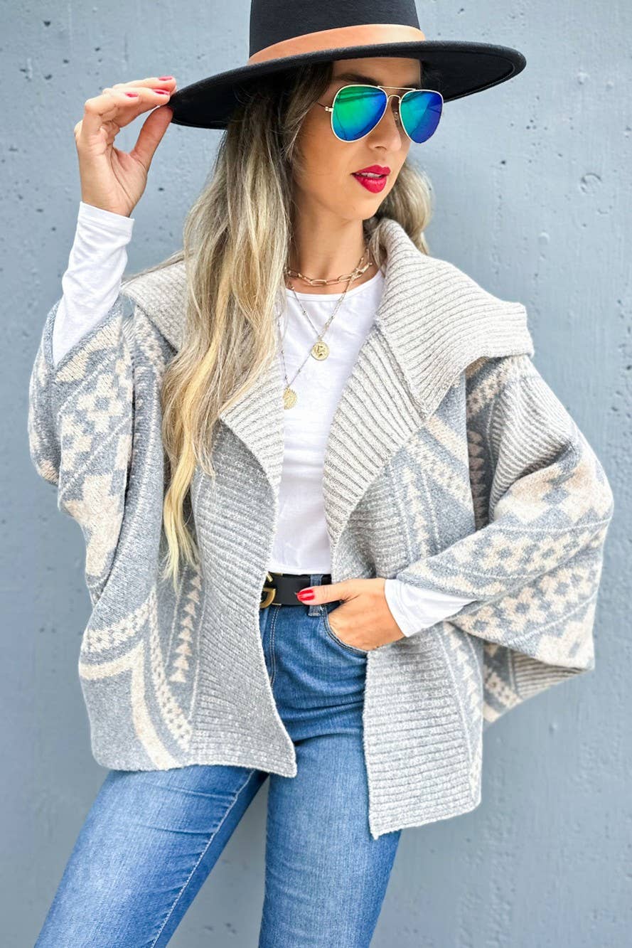 Grey Aztec Pattern Dolman Sleeve Open Front Knit Cardigan for wholesale on Faire4