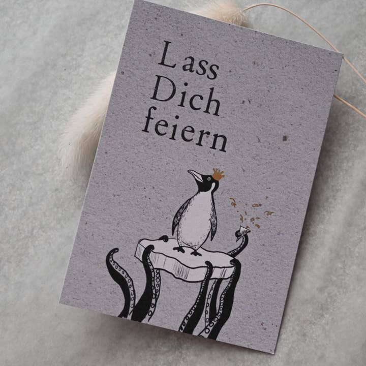 Small card "Celebrate yourself" with penguin ice floe gold for wholesale by SAJA Design Atelier