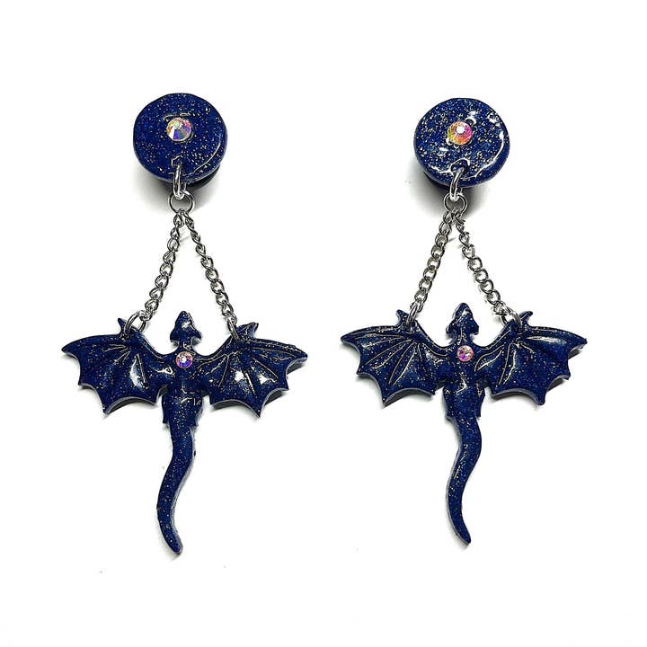 Cacheurs de 12 mm, calibre 1/2 po, dragons en pâte polymère à paillettes bleues pour la vente par Happy Gauges