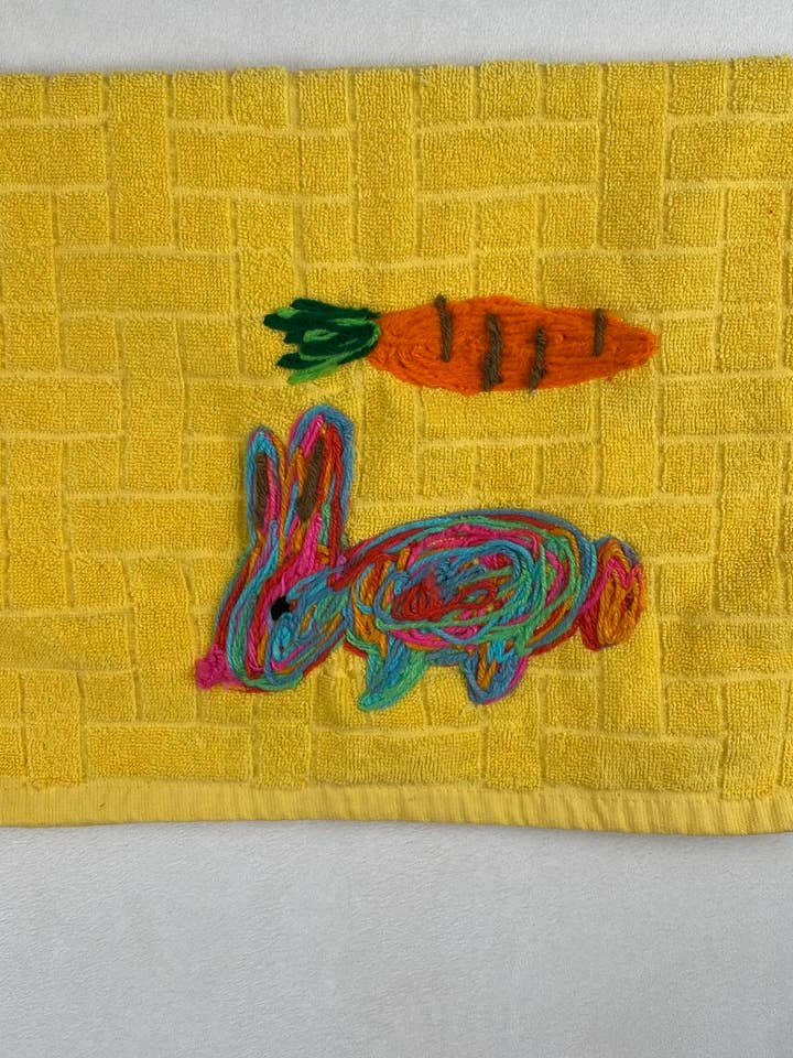 Spring Bunny and Floating Carrot Dishcloth for wholesale by Miss Mavis Fun House