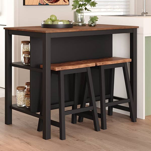 Orange County Decor - Wholesale Kitchen Storage/Organizer - Solid Wood Rustic 3 Piece 45" Stationary Kitchen Island Set With 2 Seatings, Rubber Wood Butcher Block Dining Table Set Prep Table Set With 2 Open Shelves For Small Places,Walnut Black Wood Wood