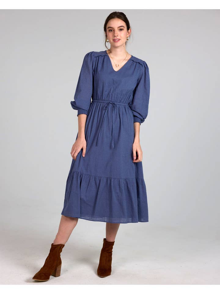 Cassidy Long Sleeve V-Neck Midi-Length Indigo Dress for wholesale on Faire
