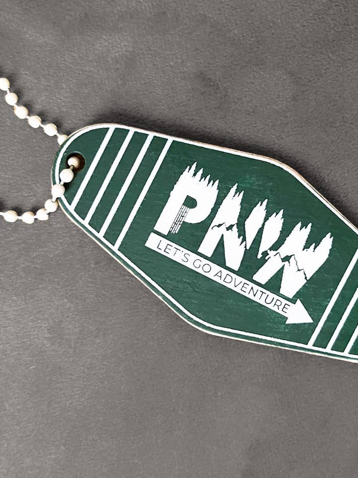 PNW Wooden Motel Keychain for wholesale by Tacoma Design Company