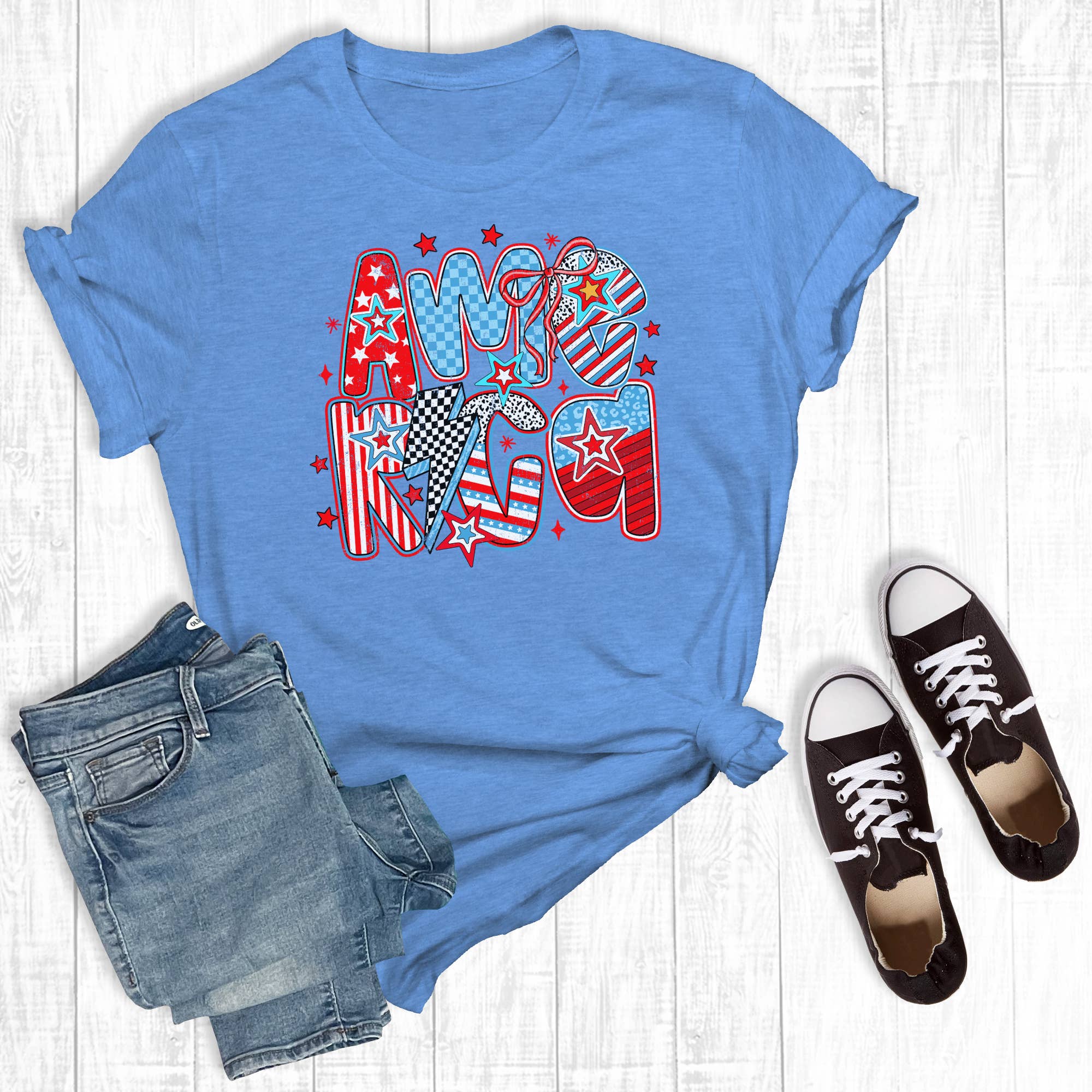 Columbia Blue Retro Coquette July 4th America Graphic Tee for wholesale on Faire0