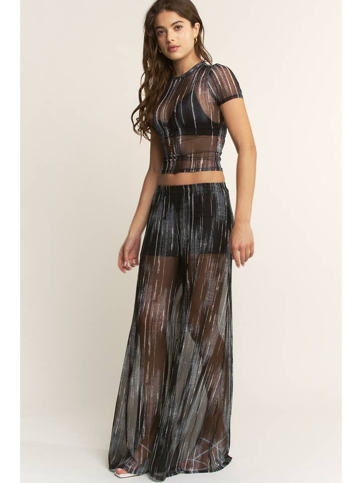 YNEZ - Wholesale Pants - Women's - Vibrant Stripe Print Sheer Wide Leg Cocktail Going Out Pant