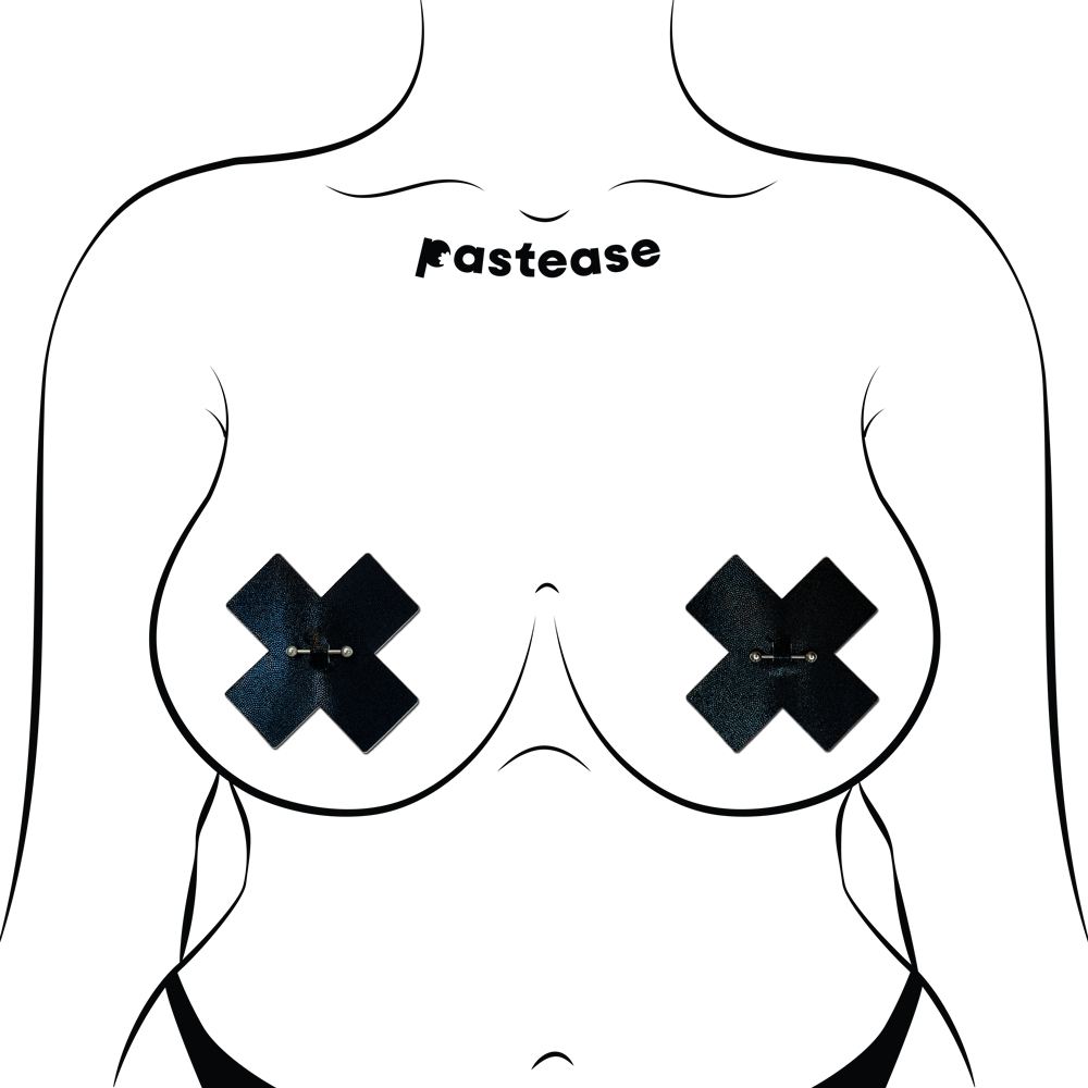 Pastease® - Wholesale Nipple Pasties - Women's - Pierced Pasties: Black Cross X with Barbell Piercing Pasties2