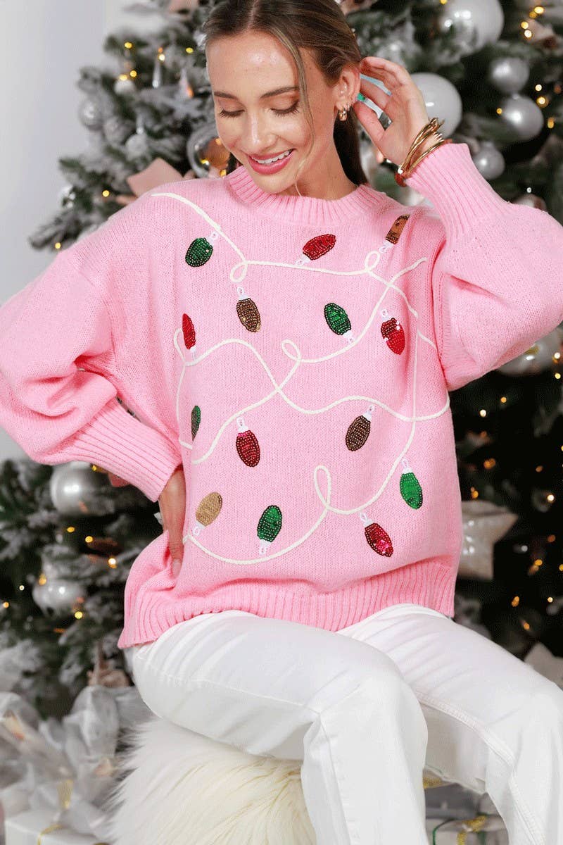 Vine & Love - Wholesale Knit Sweater - Women's - Colorful Christmas-Light Embellishment Cozy Sweater VT8225929