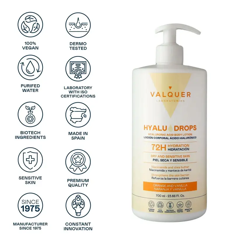 Valquer Laboratorios - Wholesale Body Cream/Lotion - Hyaludrops Orange and Vanilla Body Lotion 72 h 700 ml4