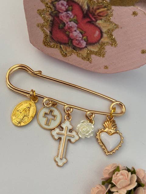 Ex-voto brooch, religious medal cross brooch, cross gift for mom, cross gift for woman, white sacred heart cross charm for wholesale by Miss DJ Angel