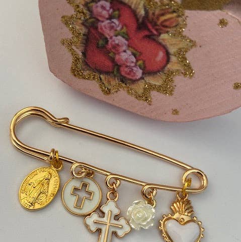 Ex-voto brooch, religious medal cross brooch, cross gift for mom, cross gift for woman, white sacred heart cross charm for wholesale by Miss DJ Angel