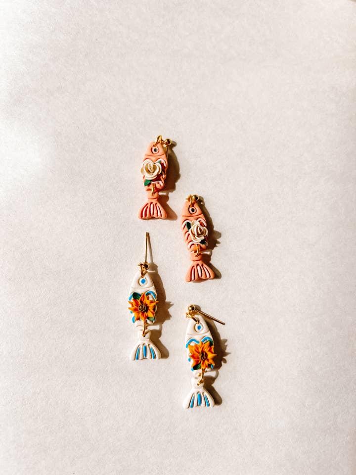 Floral Sardine Earrings | Fish Polymer Clay Earrings for wholesale by Noelle Earrings
