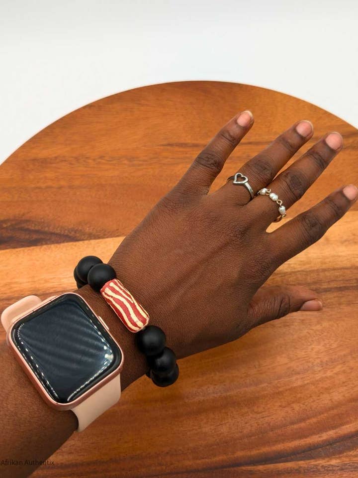 Onyx bracelet with Red African bead accent for men & women for wholesale by Afrikan Authentix